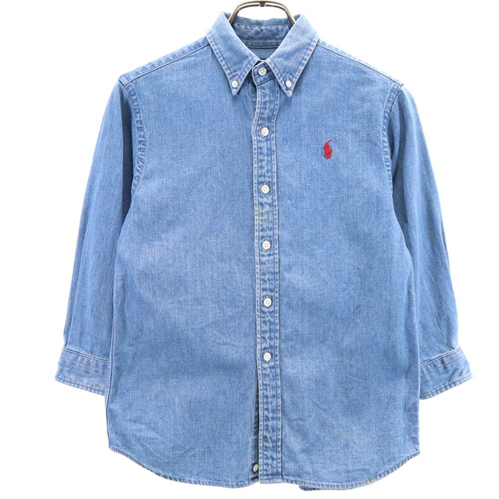 ポロバイラルフローレン 80s ヴィンテージ 緑タグ ボーイズ 長袖 デニムシャツ 120 ブルー系 Polo by Ralph Lauren キッズ 古着 【240305】