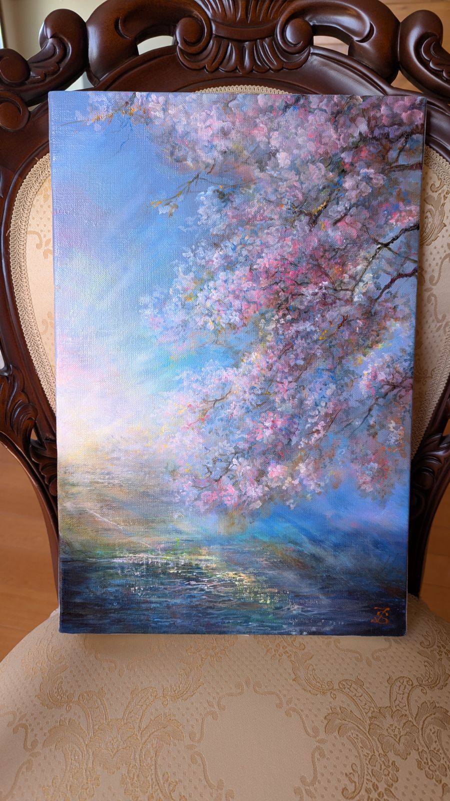 風景画「光彩の桜」 painterTMK 真筆 油絵風景画 自然