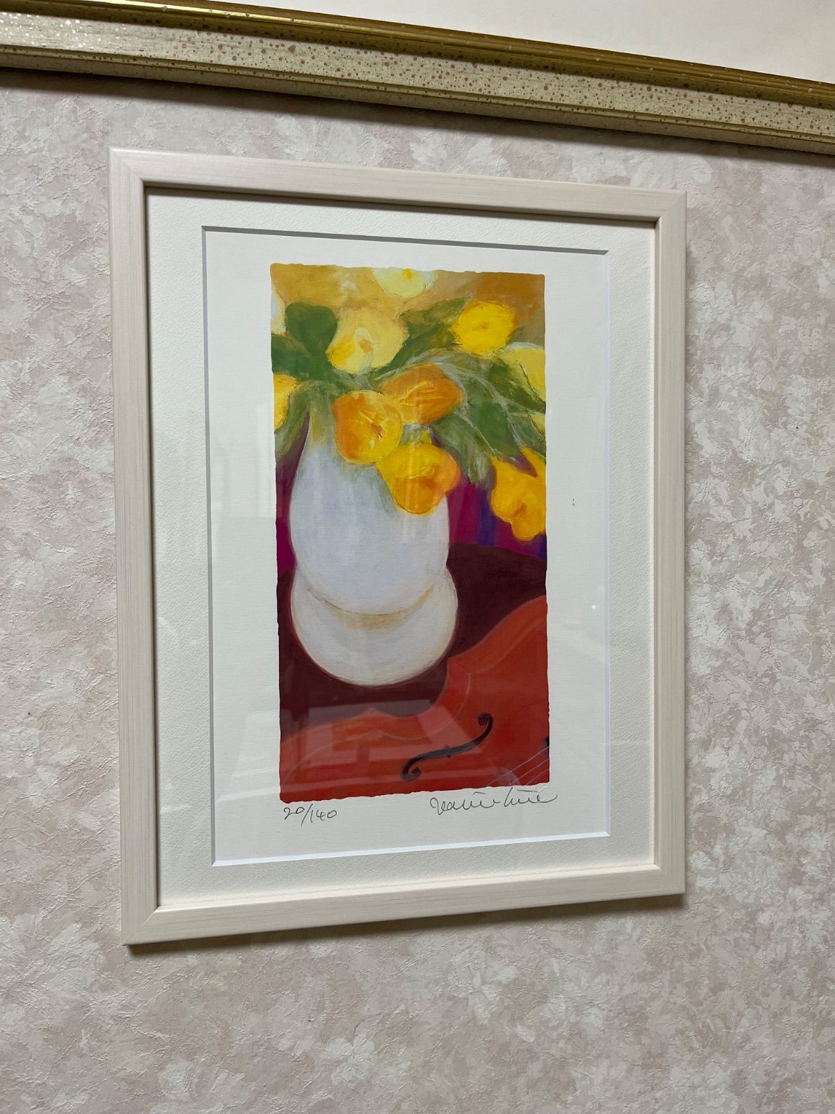 版画 65枚限定ジクレー　ジニー・キム　直筆サイン　ED 証明書有　額装 版画 『チューリップとオリーブ色の花瓶』直筆サイン