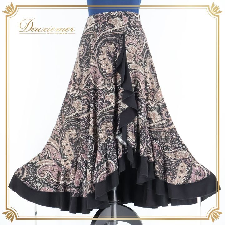 【美品 フラメンコ衣装】グレー ファルダ スカート 伸縮 ペイズリー柄 黒 美品 フラメンコ衣装】グレー ファルダ スカート 伸縮