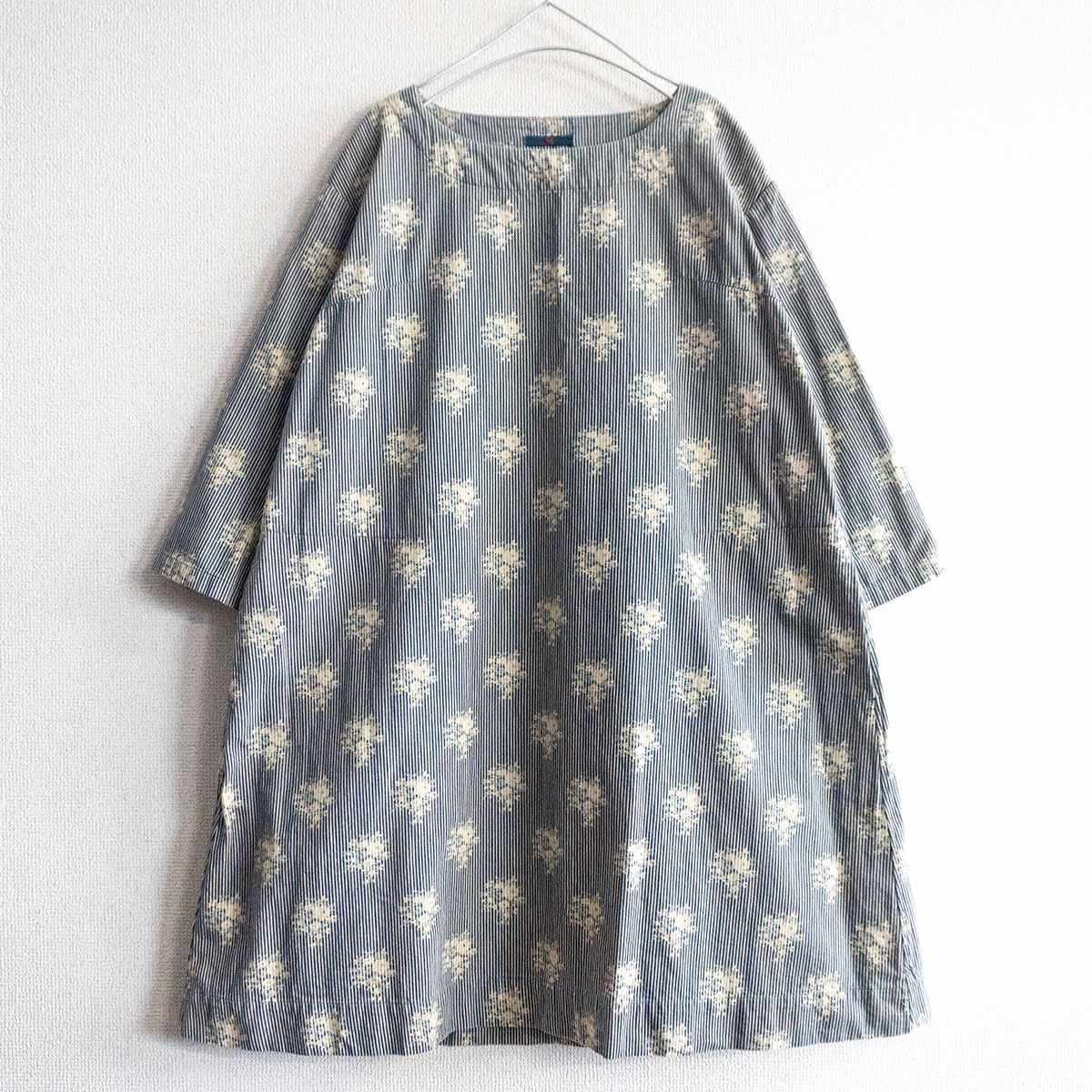 美品】45R【ヒッコリーストライプ フラワー ワンピース】花柄  