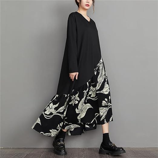 モード系　個性　Vネック　フロントリボン　マキシワンピース　ドレス モード系 花柄 ワンピース レディース 長袖 Vネック カジュアル