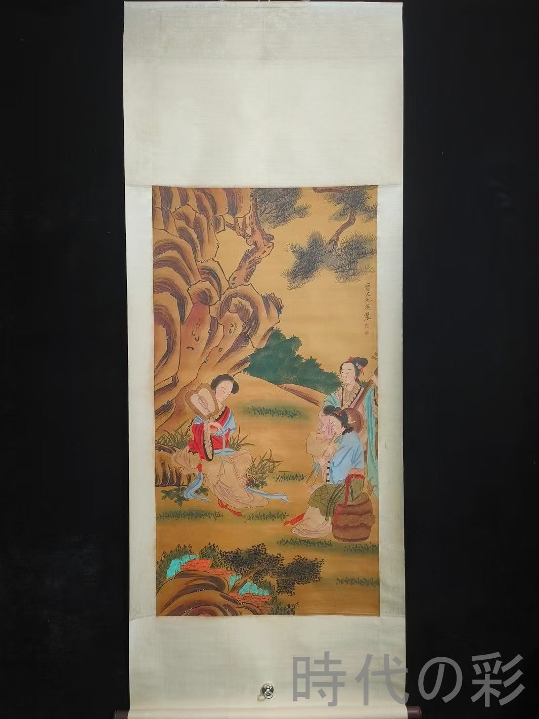 中国古美術 明代 仇英 仕女図 絹本 四尺 手描き 掛け軸 巻き物 書画 中堂画 装飾画 唐物 肉筆 古玩 旧家蔵收 時代画家 R07100713