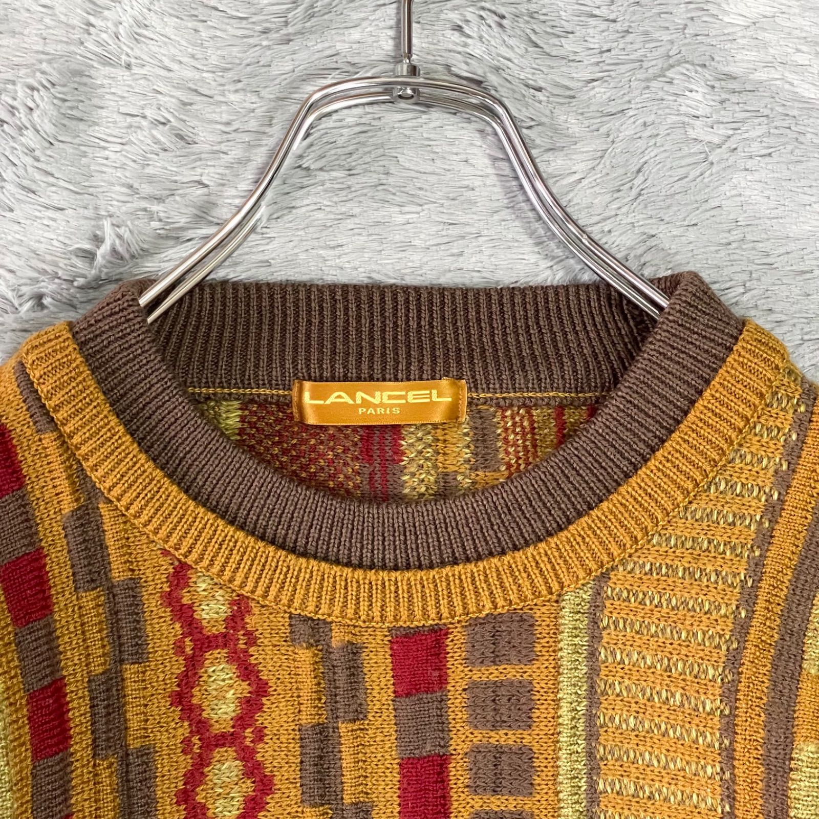 古着 LANCEL ランセル 立体編み 3Dニットセーター ウール マルチ M 80s～90s レトロ ビンテージ