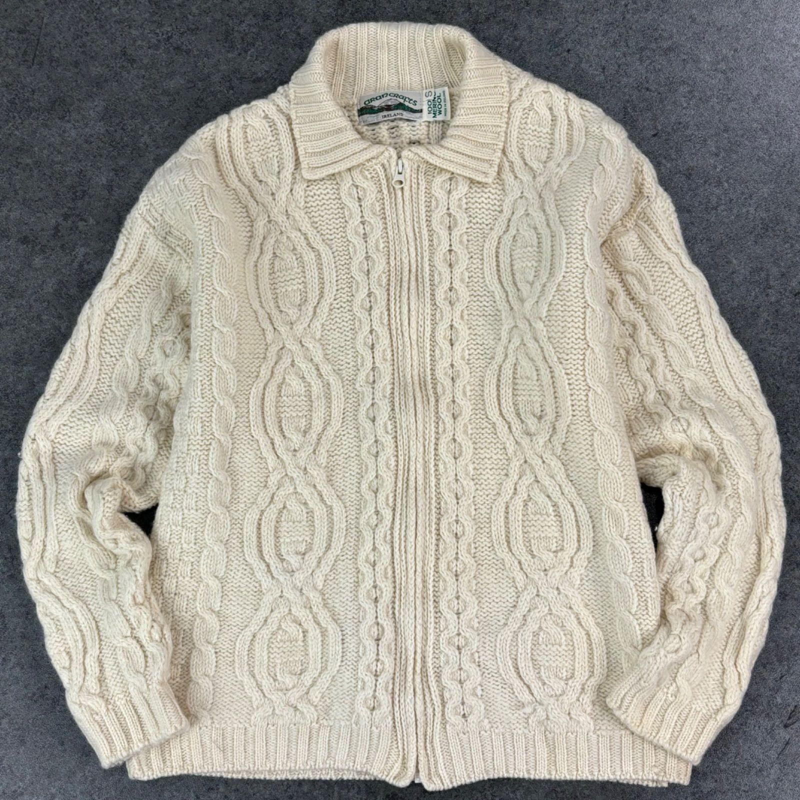 Made in IRELAND aran crafts Hand Knit Full Zip Jacket Sweater 