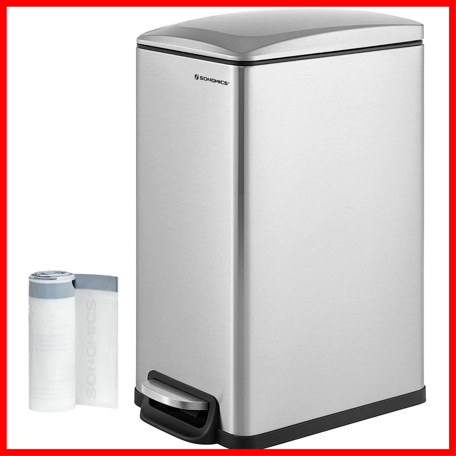 在庫処分 ペダル式ダストボックス ふた付き 48L大容量 スリム ステンレス製 ゴミ箱 においが漏れない キッチン|リビング用 SONGMICS ゴミ袋付き LTB510E48