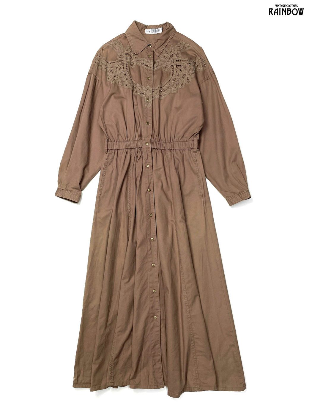 古着 TOGETHER! レース 無地 コットン ロング丈 長袖 ワンピース 茶 otu2508028