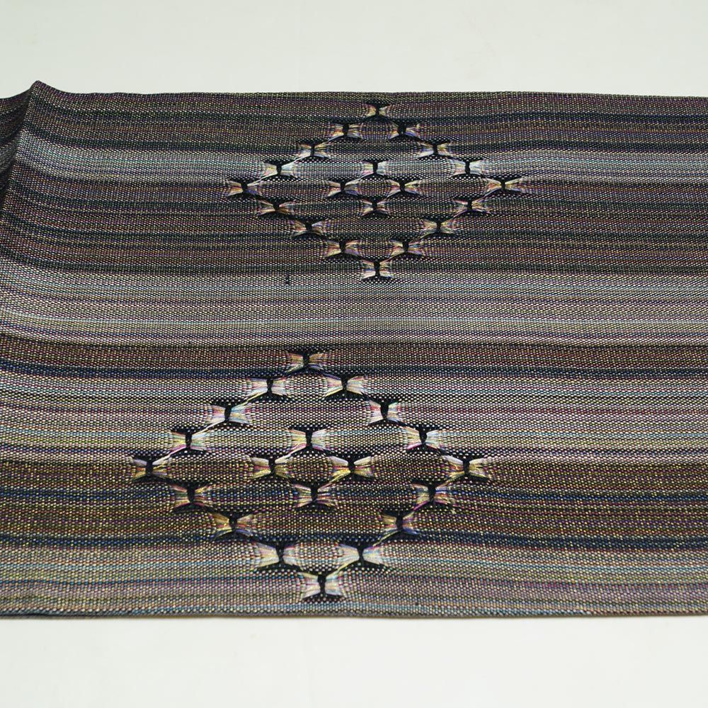 洒落袋帯 未使用品 縞に菱模様 リボン刺繍 袋帯 お太鼓柄 【送料