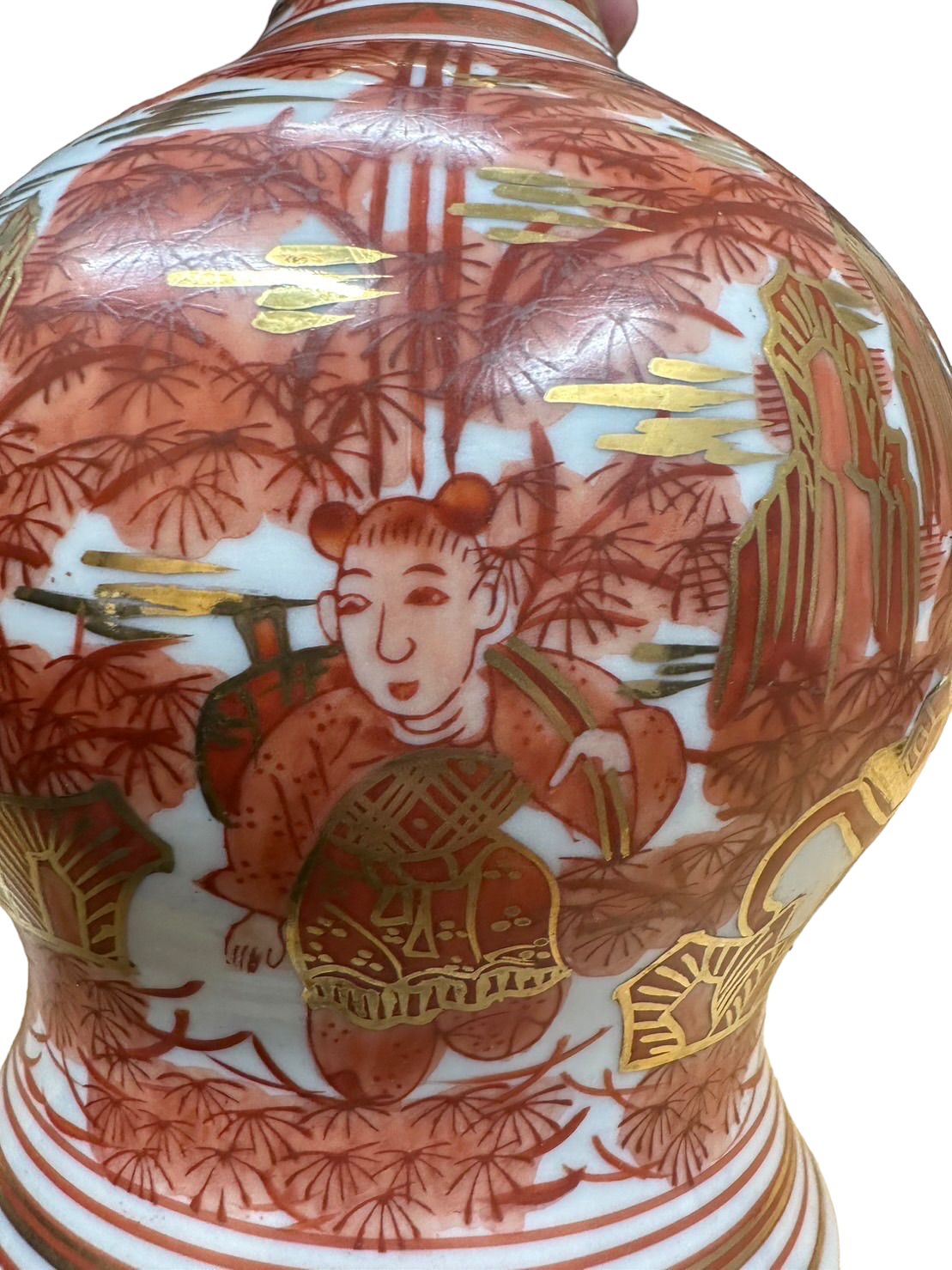 花入 湖東 焼 象遊環双耳 金彩色絵人物 赤絵 細密手描 花瓶 金襴手 箱
