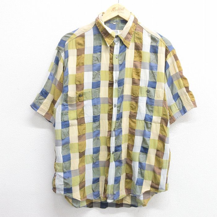 L|古着 半袖 シャツ メンズ 90s パッチワーク ベージュ カーキ チェック spe 25apr28 トップス