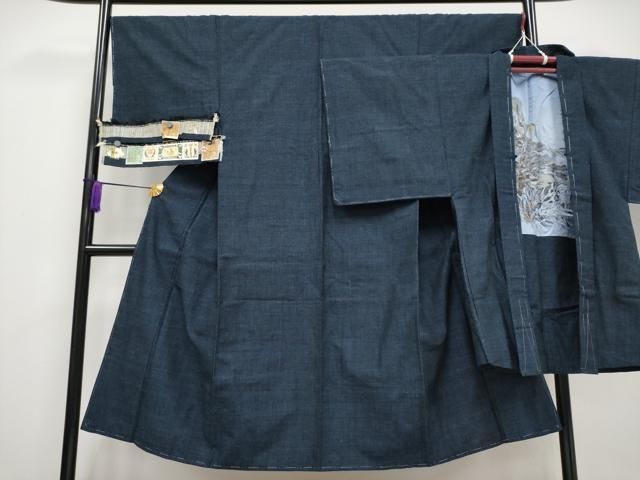 平和屋着物 上 男性 本場結城紬 重要無形文化財 杢 アンサンブル 濃紺地 証紙付き ♥ CYAA3424s5