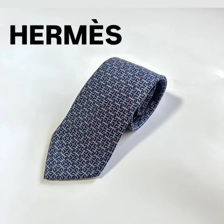保証〇 HERMÈS エルメス ネクタイ 小紋柄 ネイビー×レッド