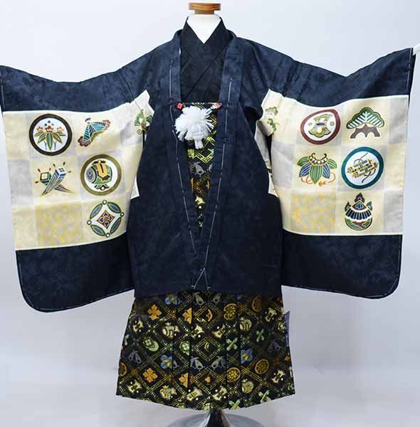 七五三 五歳 男児 羽織袴フルセット 紋袴 黒地 袴変更可能 NO40118 七五三 五歳 男児 着物 羽織袴フルセット 紋袴 黒地 小槌 巻物