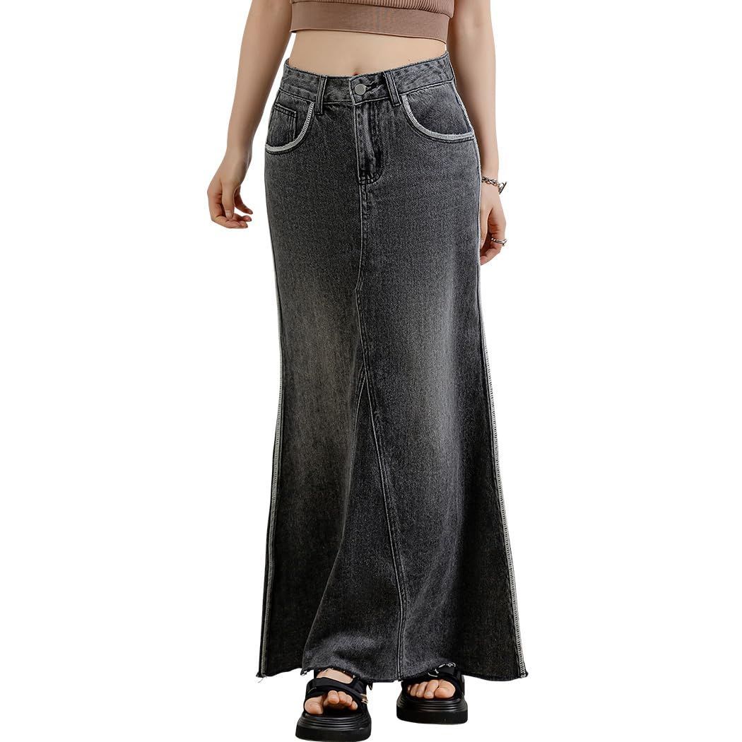 Size XL_Color ダークグレー DAYCLOSET デニムマーメイドスカート マキシ丈 レディース ダメージ加工 カットオフ 裾切りっぱなし skirt032 XL ダークグレー