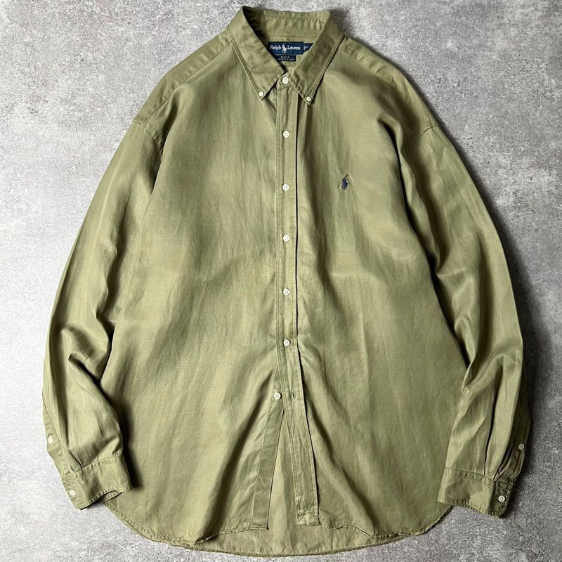 90s RALPH LAUREN 長袖 リネン シルク ボタンダウン シャツ XXL
