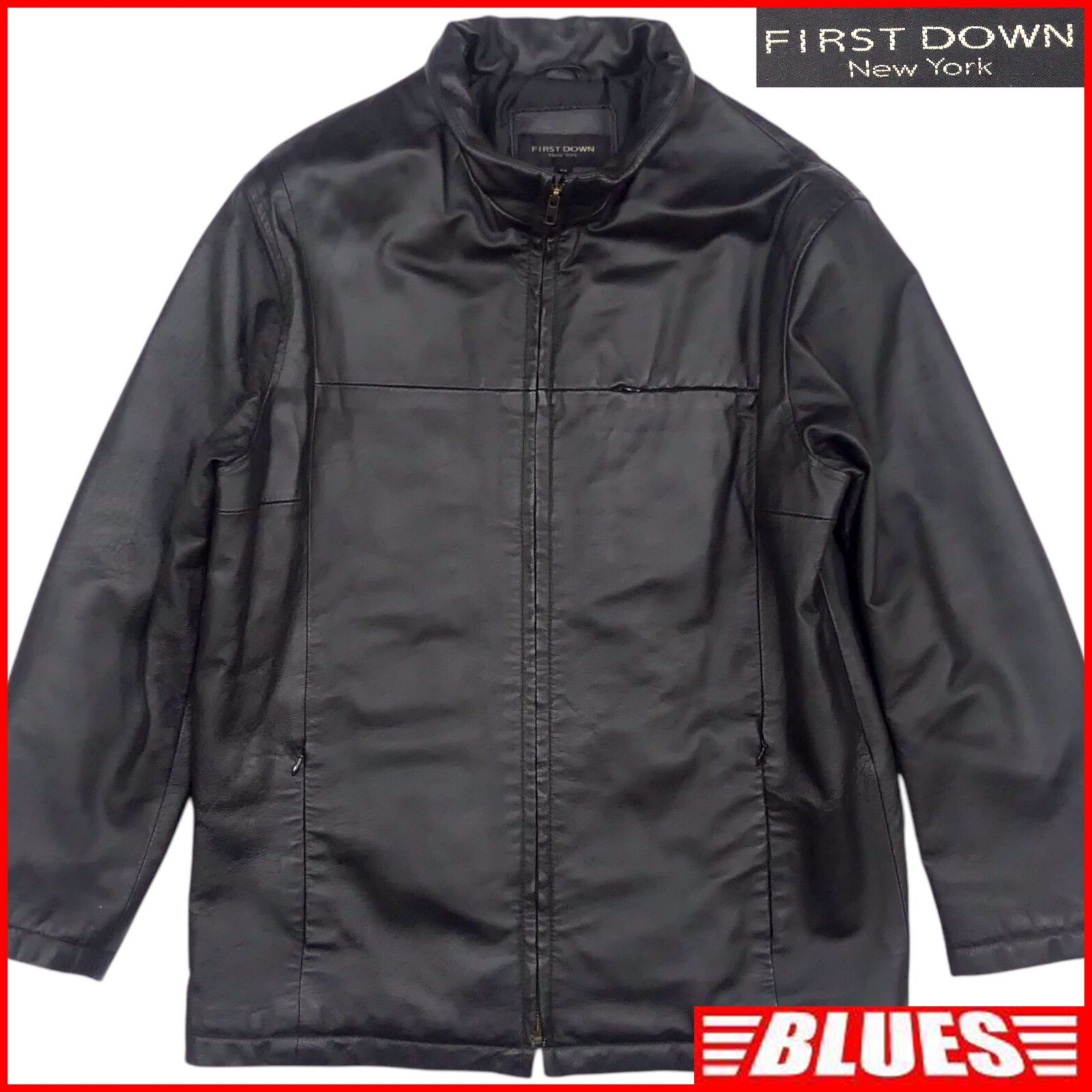 FIRST DOWN ファーストダウン レザージャケット M 黒 ブラック スタンド ミドル丈 裏地中綿入り レザーコート_サイズM一覧←SEULB屋着古← NR4373