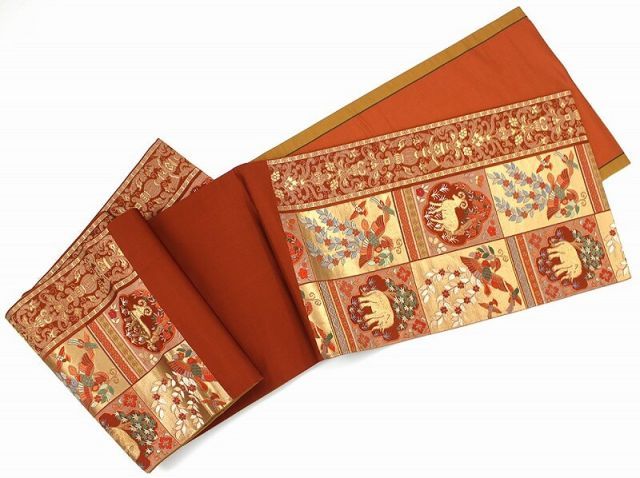 袋帯 正倉院裂文 レディース 正絹 金 朱 象 長さ432cm 幅31cm 仕立て