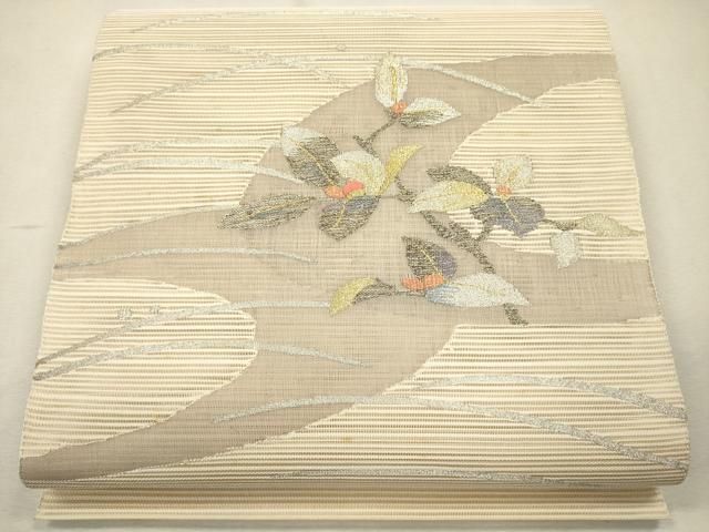 2点同梱、7-181、 5-316 夏帯 夏物 名古屋帯 八寸 美品 着物 夏物 八寸名古屋帯 絽 絽刺し 絽綴れ 正絹 お太鼓柄 刺繍 金糸