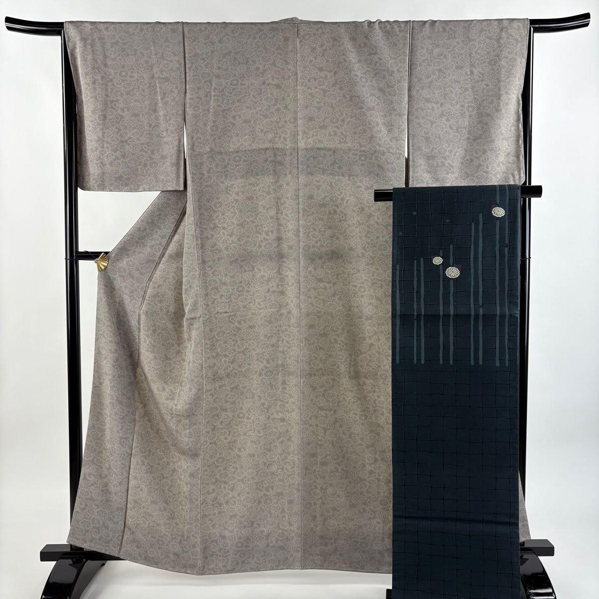 江戸小紋 身丈160.5cm 裄丈66cm M 袷 袋帯セット 菊 草花 灰色 正絹 秀品