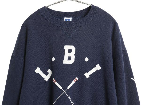 なクーポン配布中! 80s ラッセル 2段 プリント スウェット メンズ レディース L ヴィンテージ トレーナー 前V 裏起毛 クルーネック ワンポイント 紺