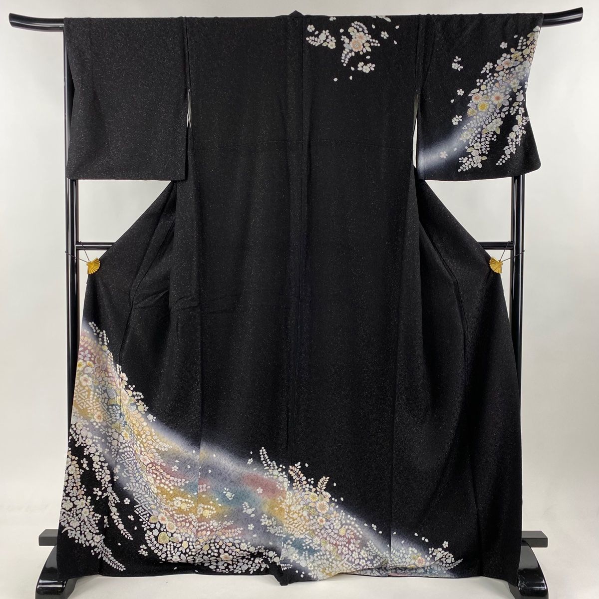 訪問着 身丈167.5cm 裄丈68.5cm L 袷 辻が花柄 銀通し ぼかし 黒 正絹  