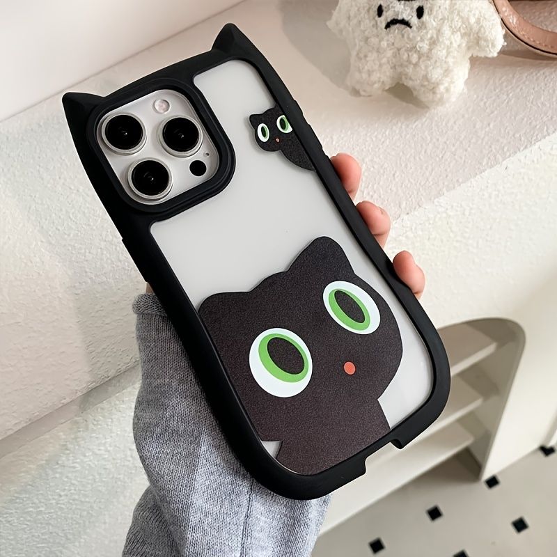 猫柄のカップルスタイル、かわいい黒子猫のApple携帯電話ケース、レンズ保護、落下防止、iPhone 16 15 14 13 12 11対応
