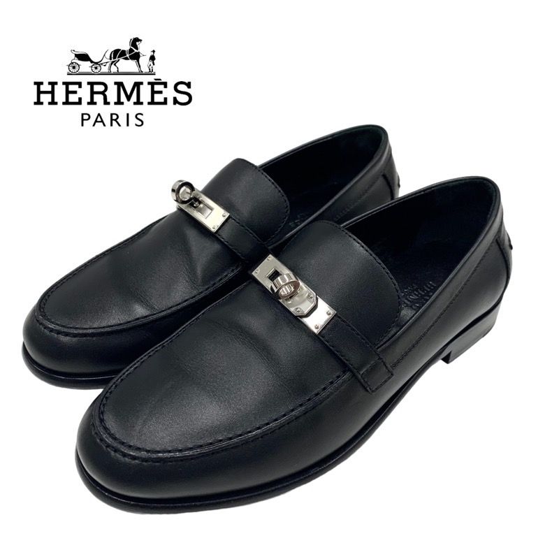 エルメス HERMES デスタン ローファー 革靴 靴 シューズ レザー ブラック 黒 シルバー モカシン ケリー金具