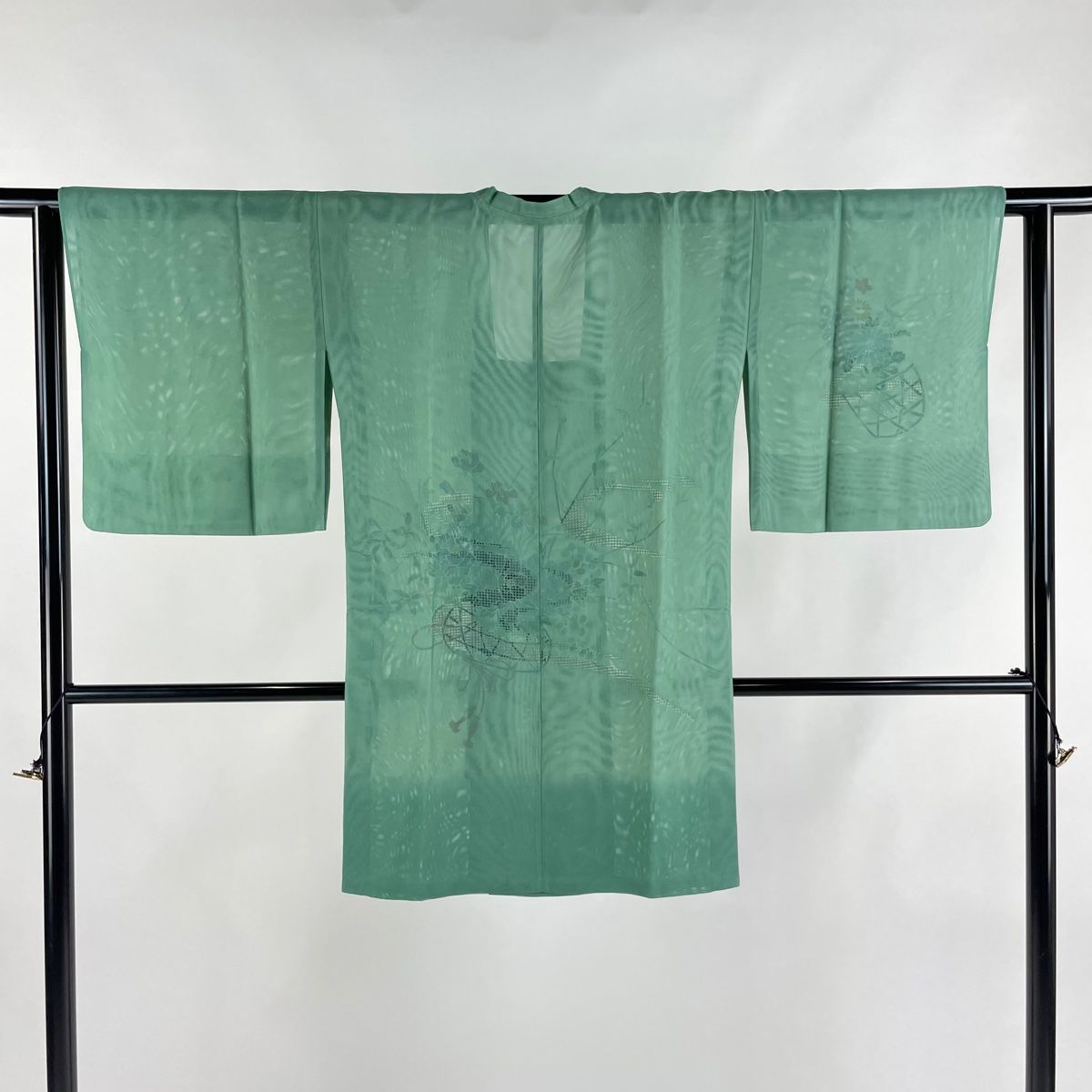 道行 身丈93cm 裄丈63.5cm S 和装コート 角衿 花籠 ぼかし 緑 正絹 秀品