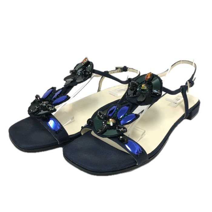 PRADA プラダ アンクルストラップ ビジュー サンダル ネイビー