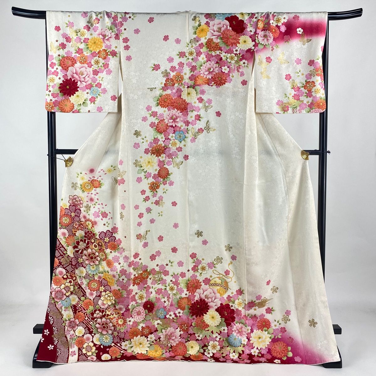 訪問着 身丈171cm 裄丈67.5cm L 袷 草花 雪輪 金糸 金彩 クリーム 正絹 
