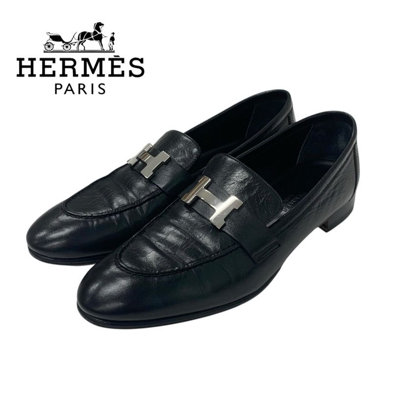 エルメス HERMES パリ ローファー 革靴 靴 シューズ レザー ブラック 黒 シルバー H金具 モカシン フラットシューズ