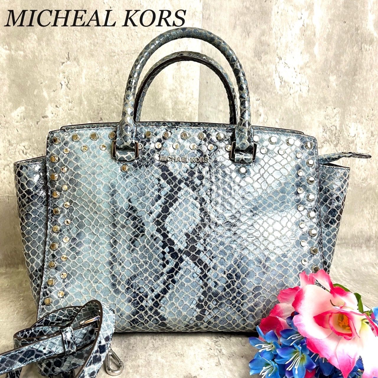 ✨良品✨MICHAEL KORS マイケルコース 2way ショルダーバッグ トートバッグ ハンドバッグ パイソン スタッズ シルバー金具 ビジュー  ロゴ刻印 ロゴ型押し レザー 肩掛け 斜め掛け レディース