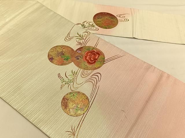 平和屋着物○塩瀬 九寸名古屋帯 駒刺繍 色紙花毬文 金彩 正絹 逸品