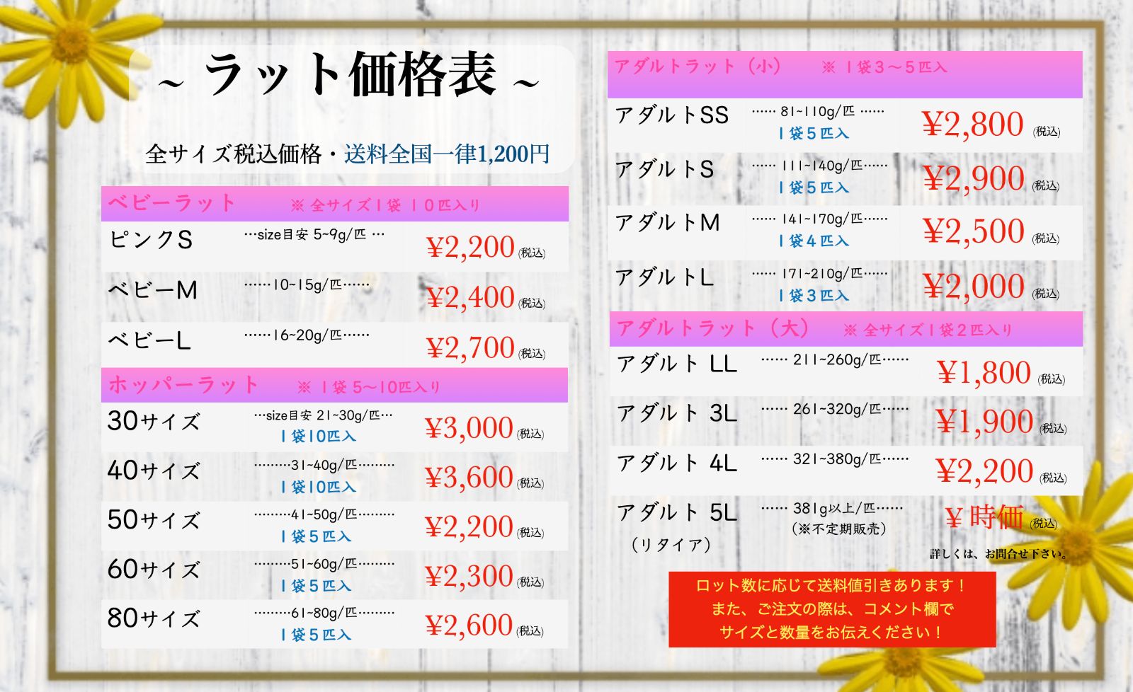 価格表】冷凍ラット 2~50匹@ピンクラットからアダルト4Lまであります❗️（価格は送料です。注文はお問い合わせ下さい） - メルカリ