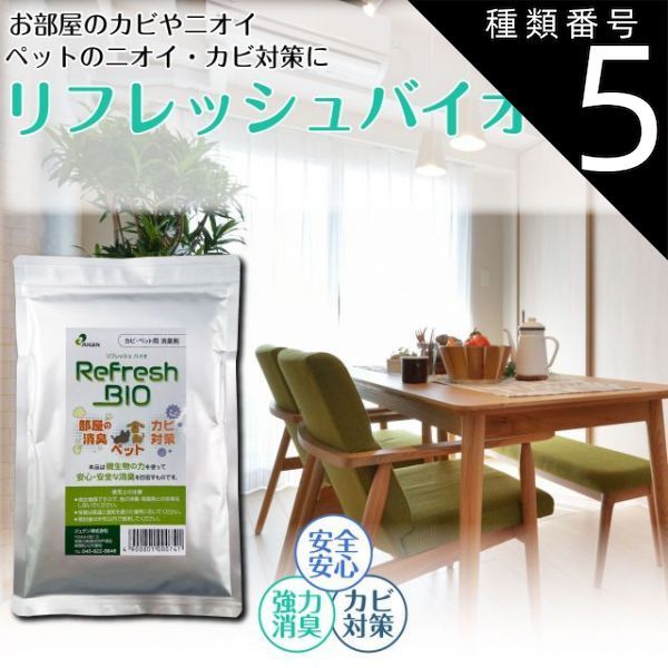 種類5 5袋 お買い物マラソン 全品ポイント5倍アップ中 ペット カビ 消臭剤 部屋 車 トイレ 介護 リフレッシュバイオ 200g バスチル菌 置き型 無添加 エアコン お風呂 猫 犬 タバコ 強力消臭 脱臭 安心 安全 納豆菌 バイオ 業務用 臭い消し