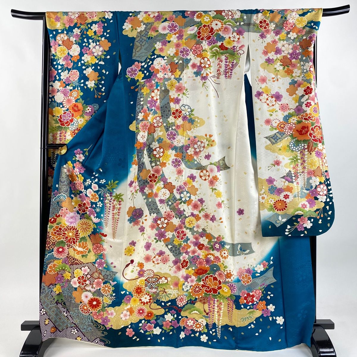 振袖 身丈167cm 裄丈67cm M 袷 菊 扇面 金彩 銀通し 緑 正絹