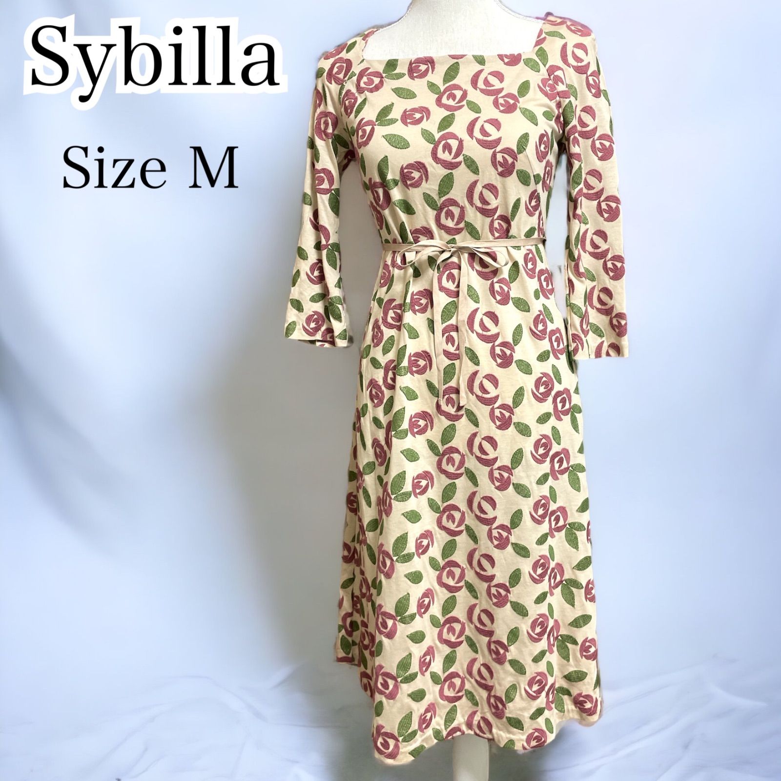 Sybilla 花柄 総柄 刺繍 ワンピース ローズ ベージュ リボンベルト ...