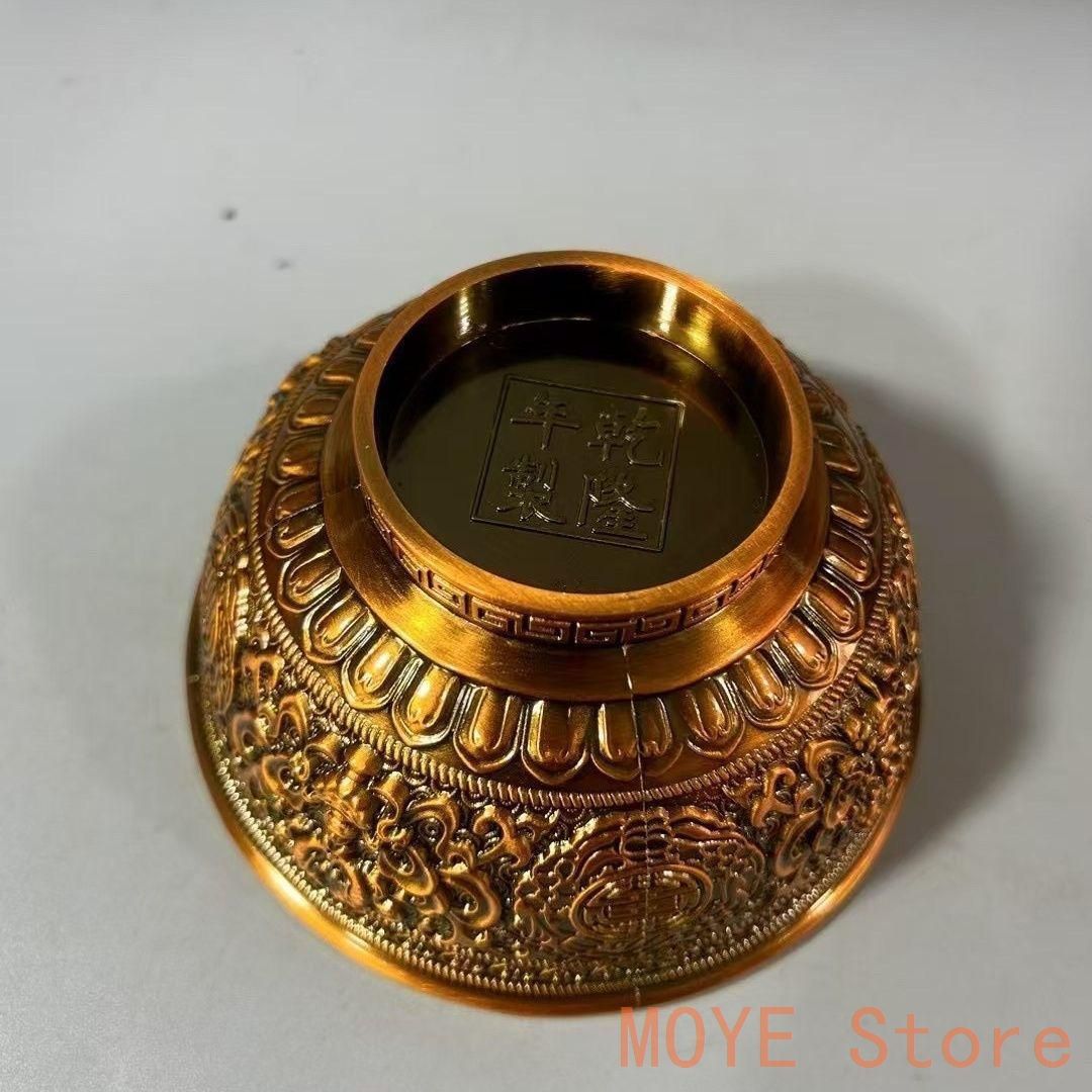 銅 細工 レリーフ金色福碗 茶碗 装飾品 工芸品 置物zw0829