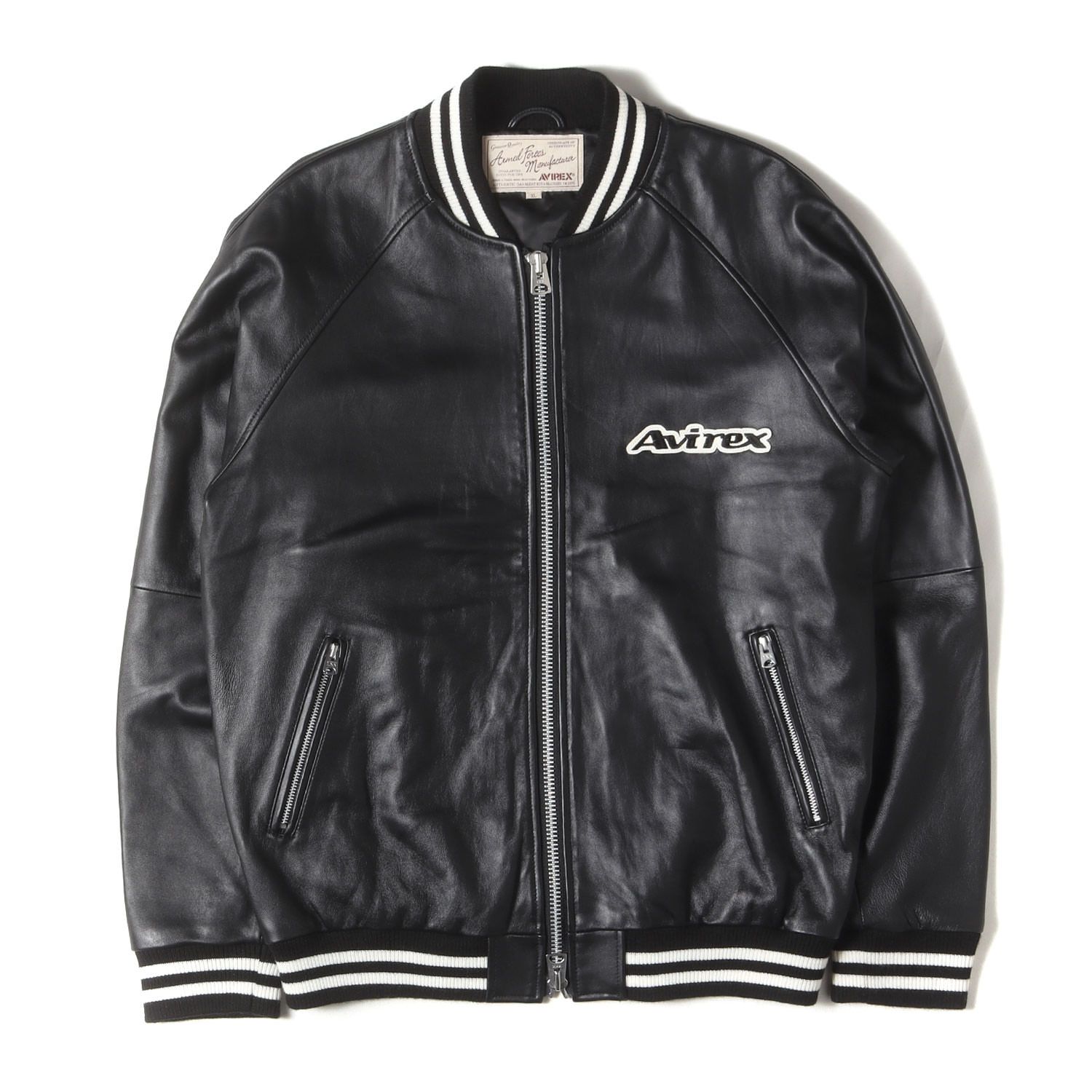 AVIREX アヴィレックス ジャケット ブラック 黒 サイズ XL バックロゴ シープスキンレザー バーシティ ジャケット BUCK LOGO SHEEP JEASEY JKT アウター ブルオン 上着 メンズ
