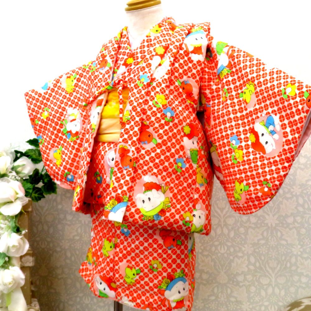 子供着物 レトロ 子供用 子象 小鳥 ウール アンサンブル ネル裏  綿入 袷 袖なし上着＆着物＆兵児帯セット 白 オレンジ 多色 ベビー