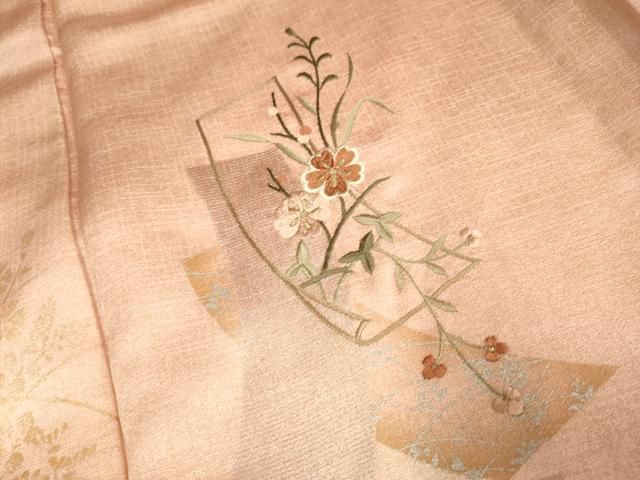 平和屋着物▽訪問着 単衣 刺繍 短冊枝花文 暈し染め 金銀彩 正絹