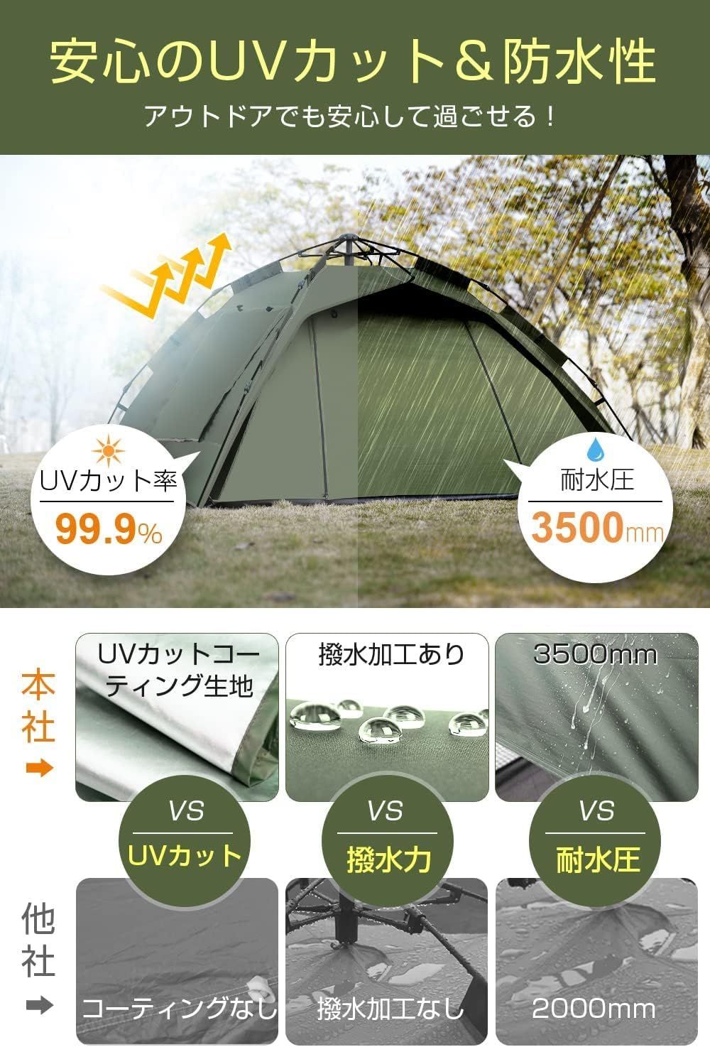 テント ワンタッチ キャンプ 2-4人用 3WAY 耐水圧 防水撥水 ダブルドア