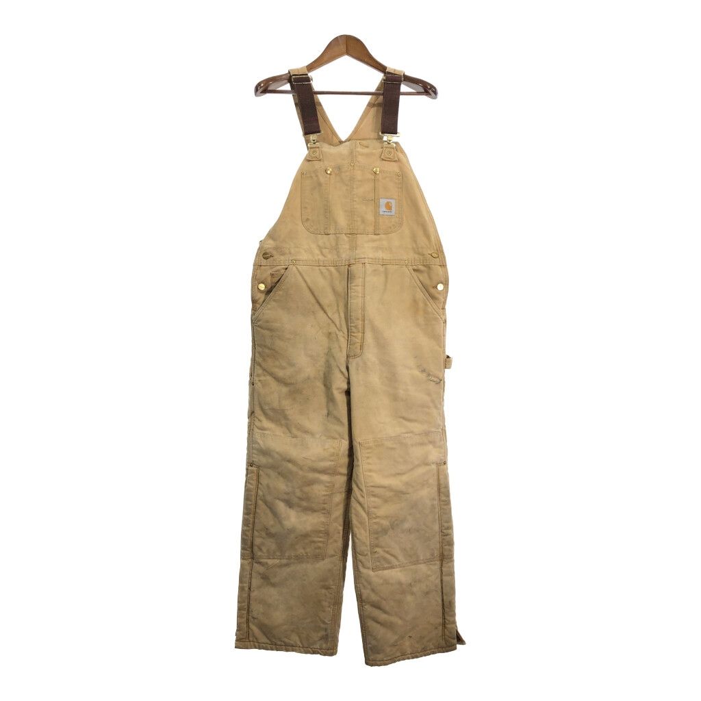 90年代 USA製 Carhartt カーハート ダック ダブルニー ビブオーバーオール ベージュ (メンズ W36 L30) 中古 古着 R8087