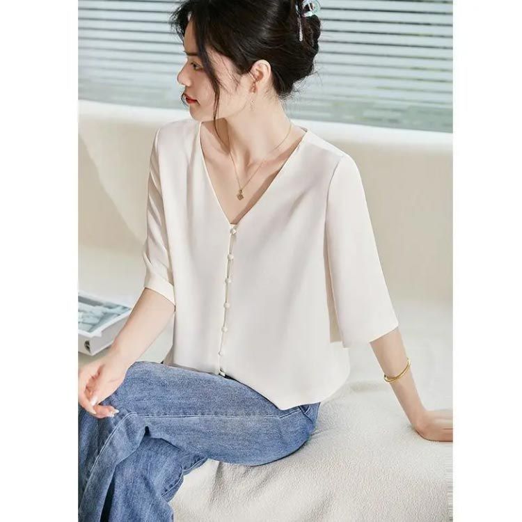 前後2 WAYブラウス Vネック ラウンドネック ブラウス シャツブラウス 5分袖 とろみ素材 通勤 OL オフィスカジュアル ビジネス ホワイト レディース 春 夏 ショート丈 コンパクト hakjf 1104