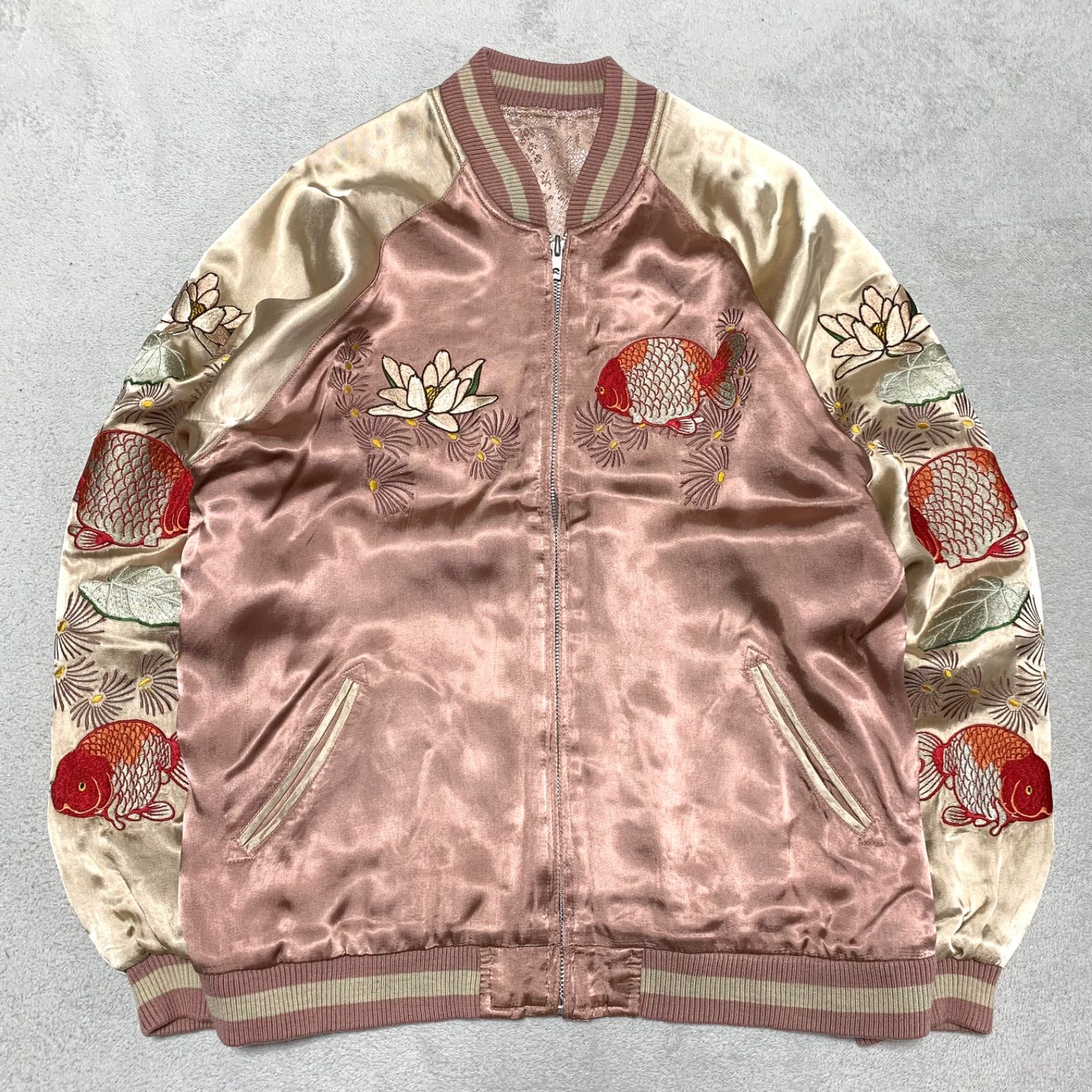 花旅楽団 スカジャン スーベニアジャケット リバーシブル 刺繍 和柄 らんちゅう 金魚 ゴールドフィッシュ Lサイズ ピンク ハナタビガクダン