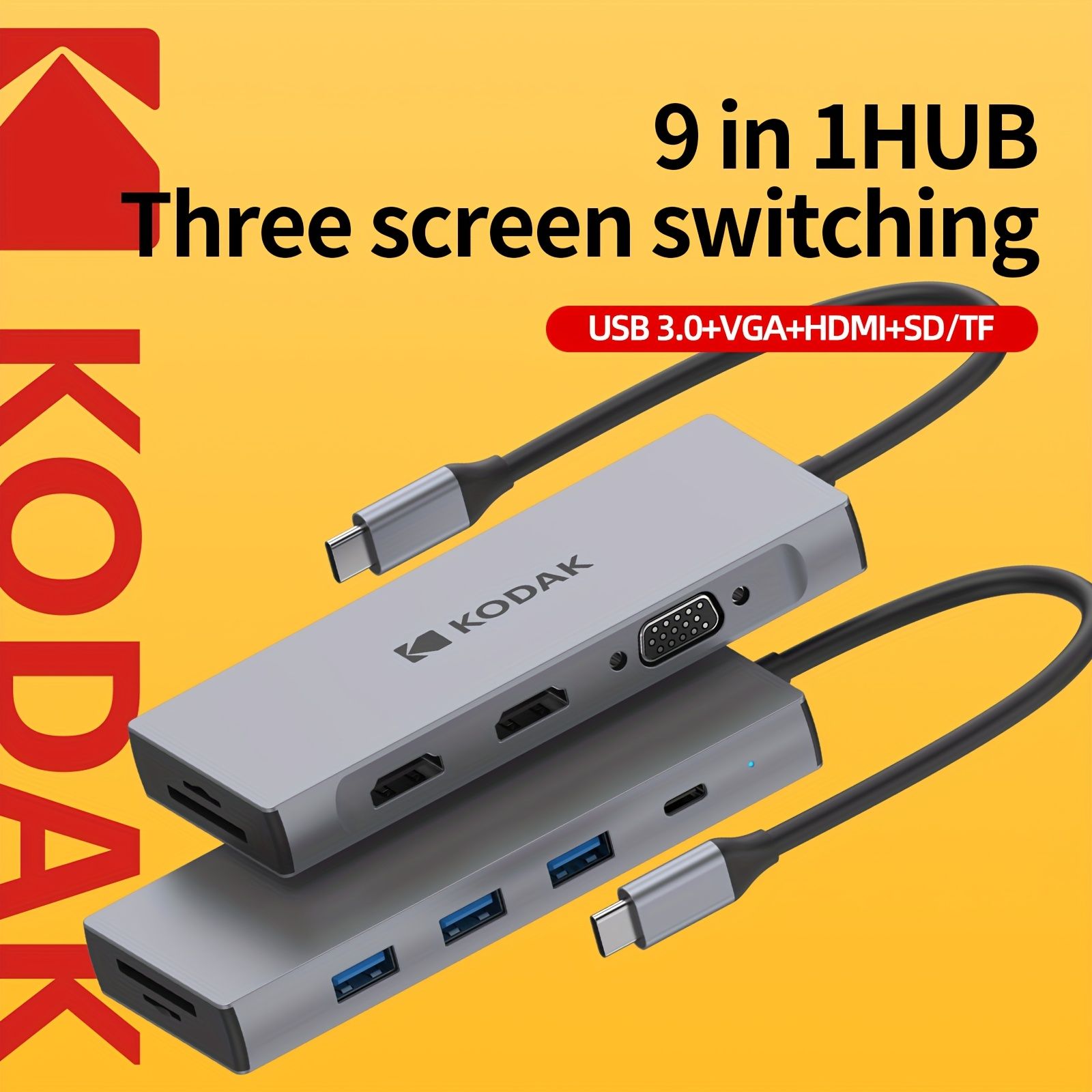 KODAY T345、USB-C拡張ドック（9-in-1＆PD急速充電）、9-in-1トリプルディスプレイモザイクノートブック拡張ドック、2つの4K HDTV、VGA、PD、USB 3.0、TF/SDカードリーダーを搭載、MacBook/Dell/HP/Le