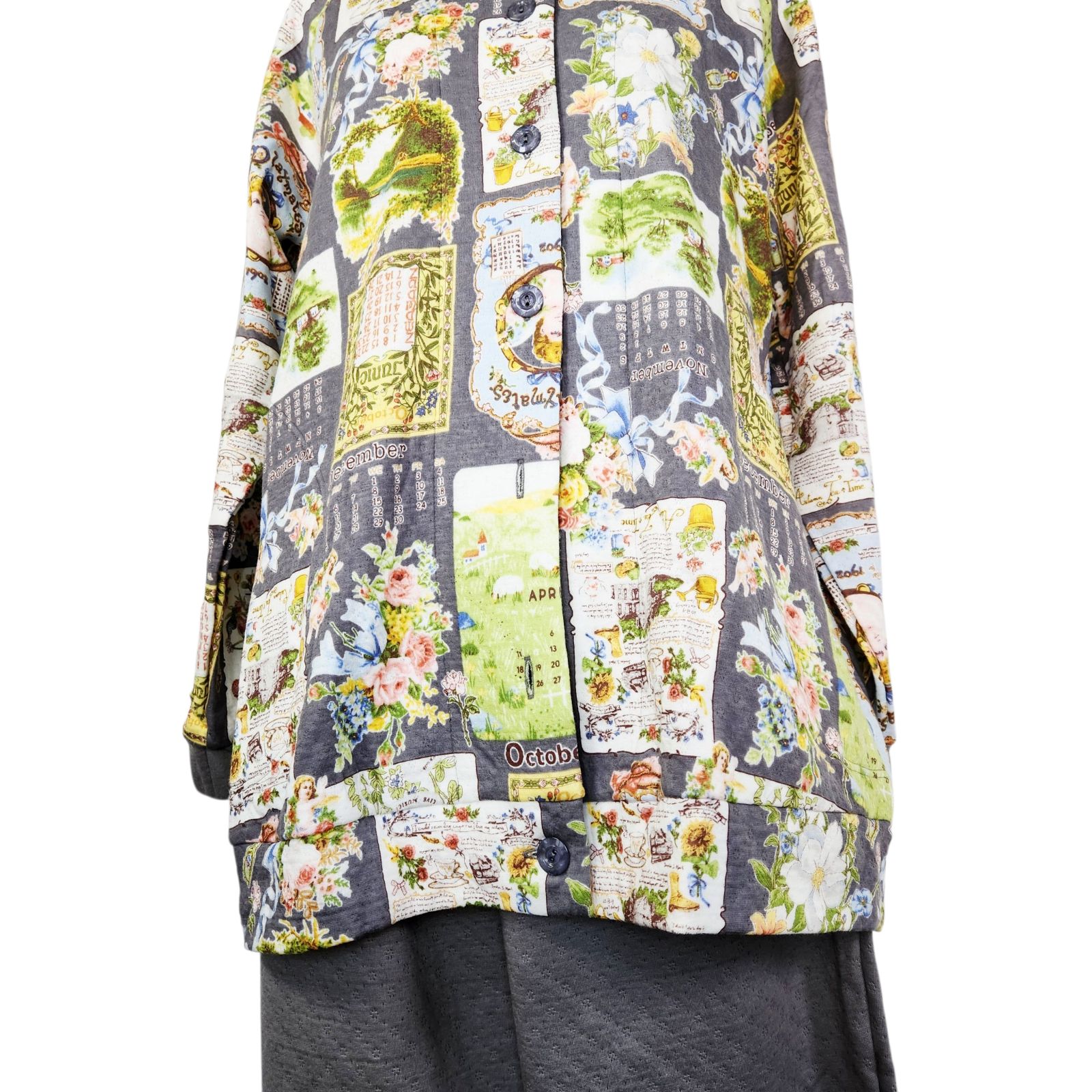 鴨居羊子パジャマ TUNIC 秋 冬物 長袖丸首全開パジャマ キャットキルト カレンダー グレー色 46500 WWW_NOITHATQUANGTHANH_NET