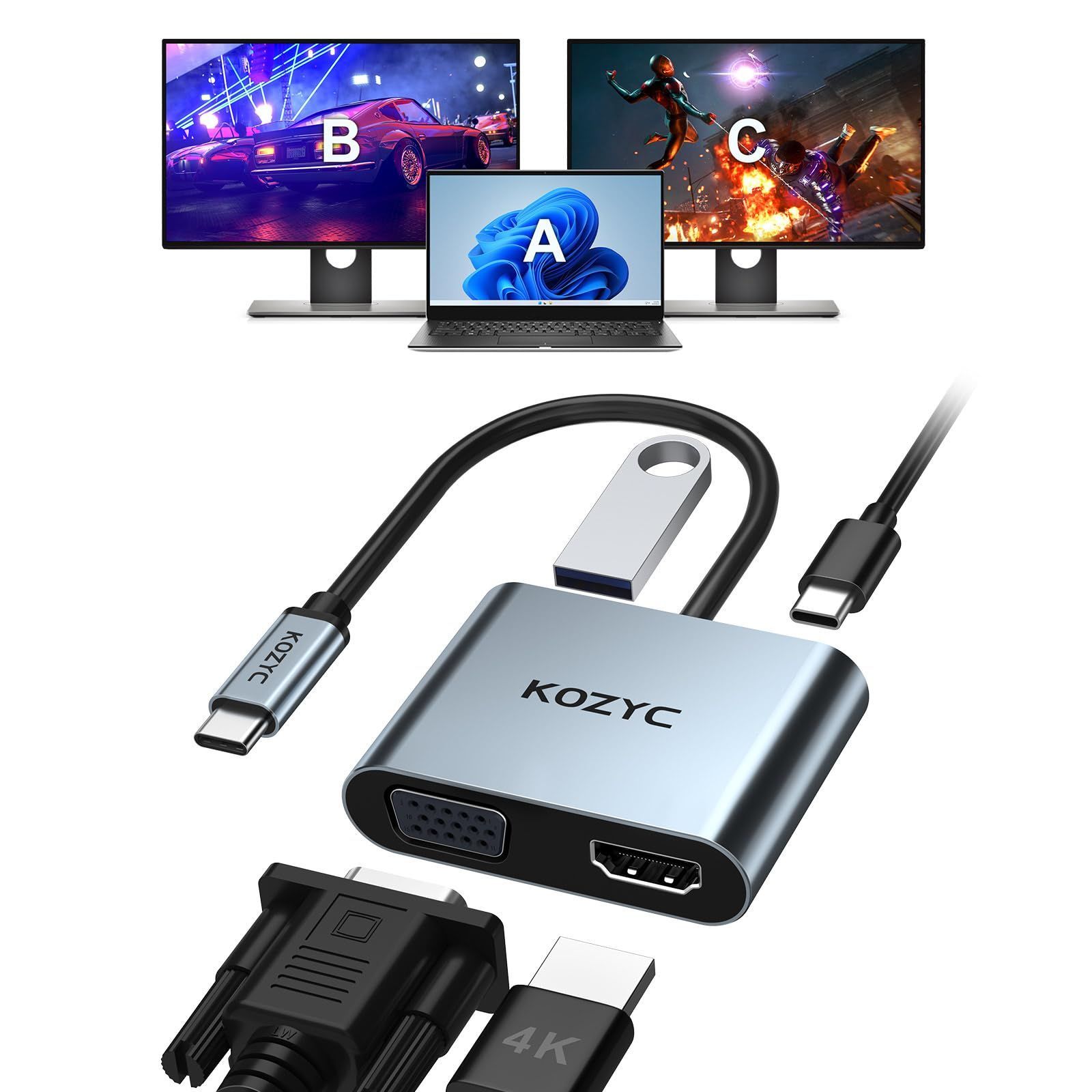 【特価商品】Type C 4 in USB 1 変換アダプタ KOZYC USB C ハブ hdmi４K 解像度 hdmiポート VGAポート USB 3.0高速ポート USBタイプC高速PD充電ポート 4-in-1 変換 アダプタ MacBook Pro/A