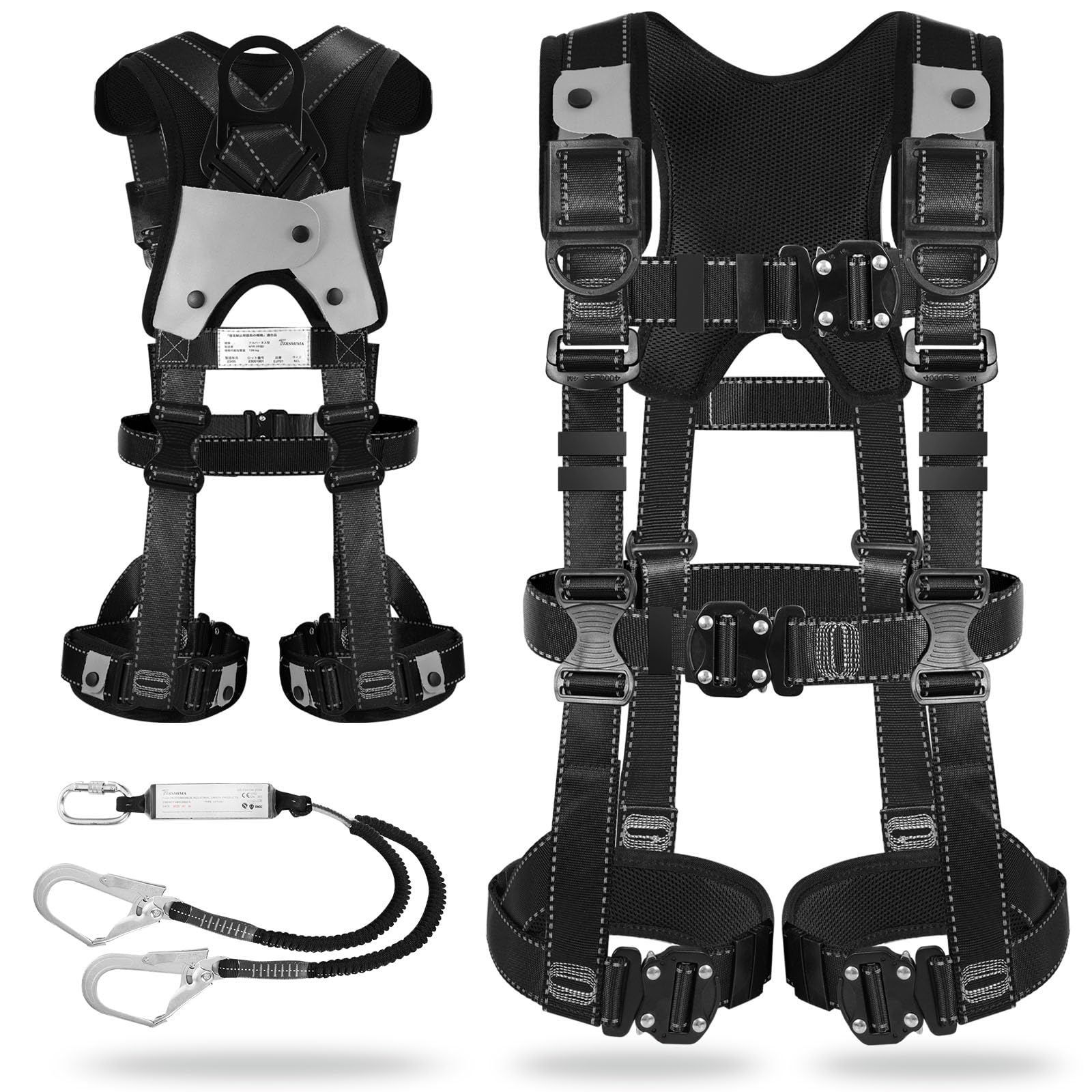 特売 TT TRSMIMA フルハーネス 新規格 セット フルハーネス安全帯 全身反射 安全保護 ワンタッチ バックル 脱着簡単 ハーネス安全帯 ランヤード付き 2丁掛け 肩パッド 腿パッド 収納袋付き 墜落制止用器具 高所作業用 電気工事 落下防止