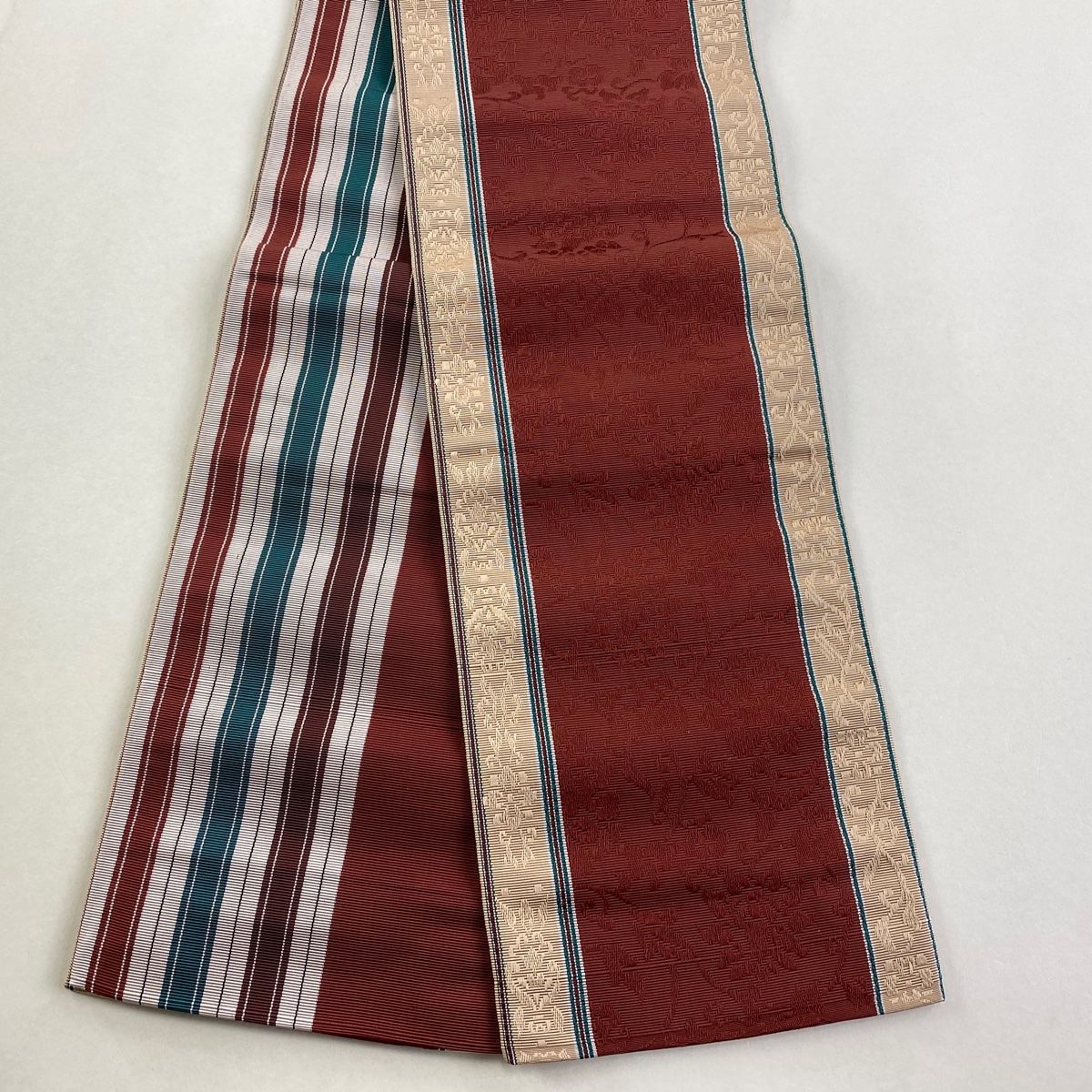 半幅帯 秀品 博多織 証紙 花唐草 縞 小豆色 正絹